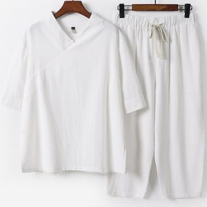 Plus Size Male Traditional Linen V Neck Shirt And Pants Set