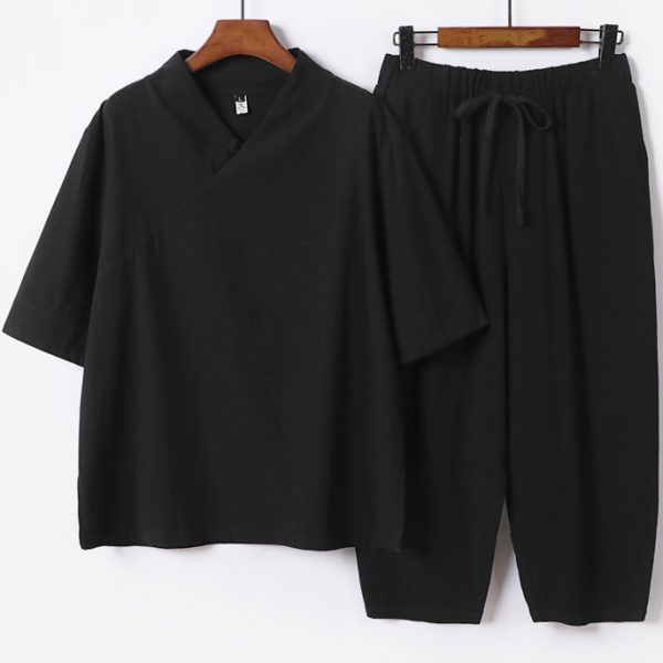 Plus Size Male Traditional Linen V Neck Shirt And Pants Set - Image 3