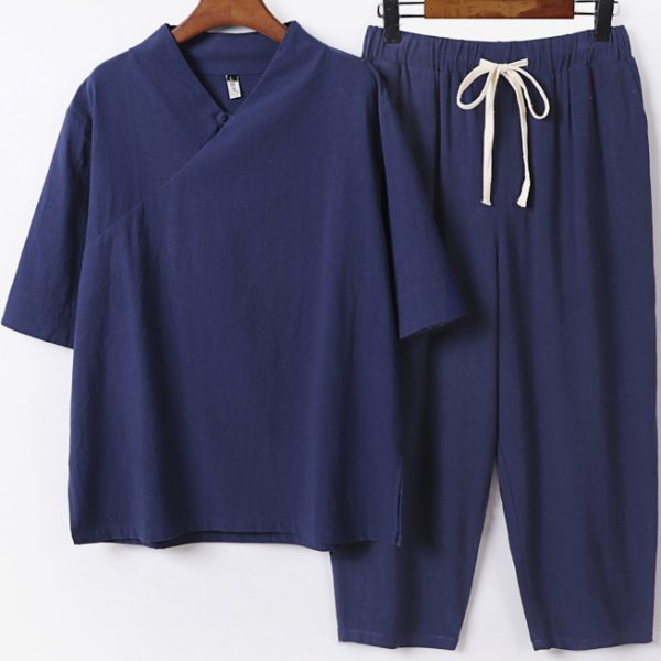 Plus Size Male Traditional Linen V Neck Shirt And Pants Set - Image 2