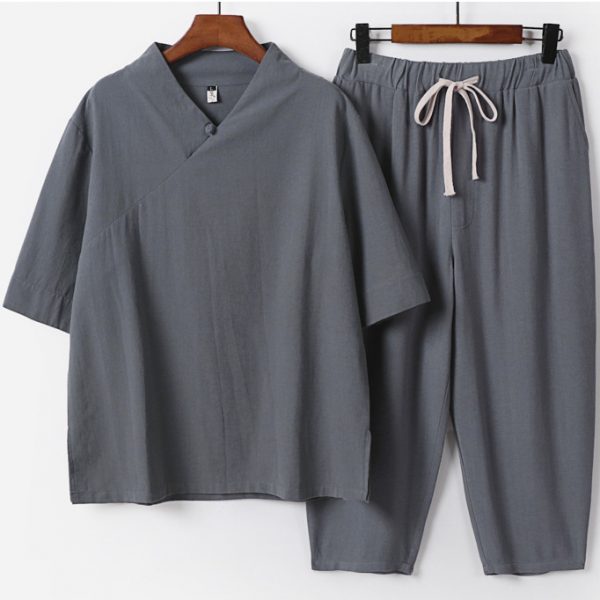 Plus Size Male Traditional Linen V Neck Shirt And Pants Set - Image 4