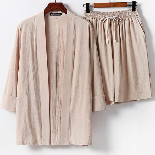 Plus Size Men's Front Open Cardigan Shirt Two Piece Short Set - Image 3