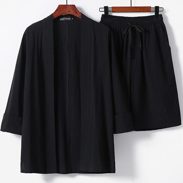 Plus Size Men's Front Open Cardigan Shirt Two Piece Short Set - Image 4