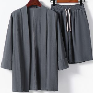 Plus Size Men's Front Open Cardigan Shirt Two Piece Short Set