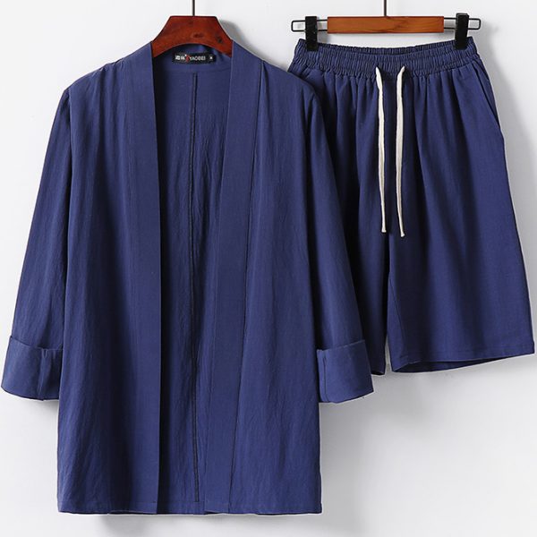 Plus Size Men's Front Open Cardigan Shirt Two Piece Short Set - Image 2
