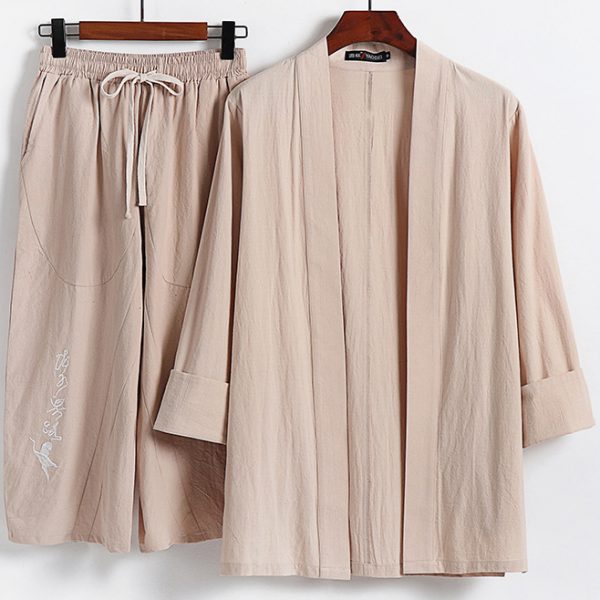 Plus Size Mens Linen Casual 2 Piece Kimono Set - Image 3