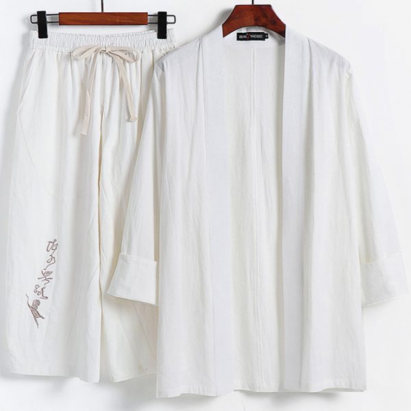 Plus Size Mens Linen Casual 2 Piece Kimono Set - Image 4