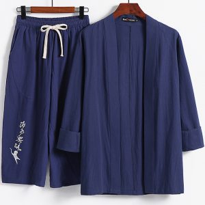 Plus Size Mens Linen Casual 2 Piece Kimono Set