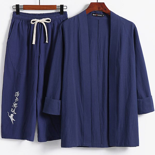 Plus Size Mens Linen Casual 2 Piece Kimono Set