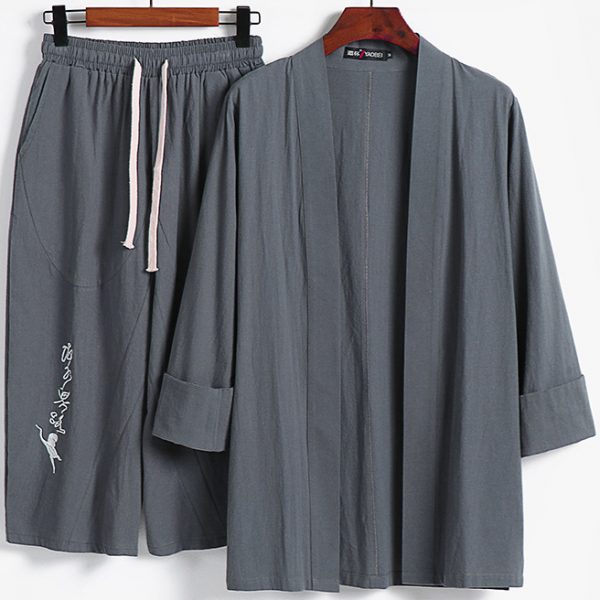 Plus Size Mens Linen Casual 2 Piece Kimono Set - Image 2