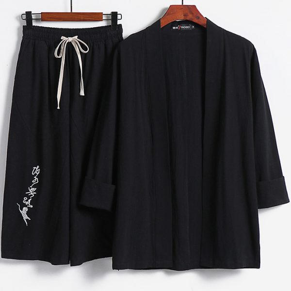 Plus Size Mens Linen Casual 2 Piece Kimono Set - Image 5