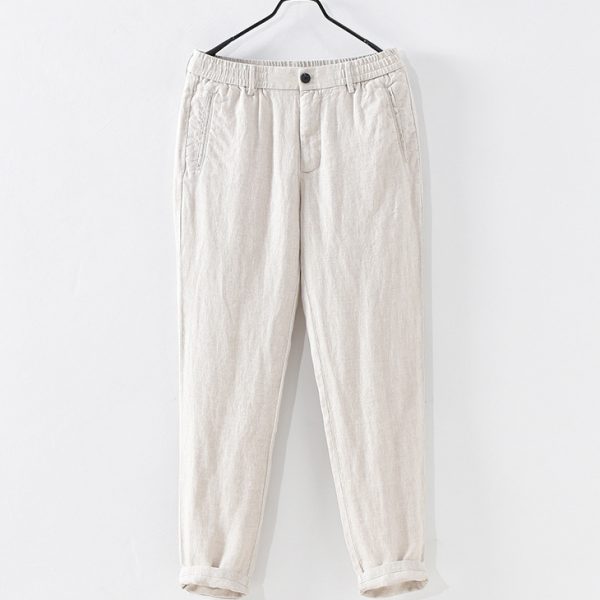 Pure Linen Elastic Waist Casual Pants With Zipper Pockets - Image 2