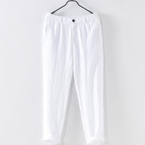 Pure Linen Elastic Waist Casual Pants With Zipper Pockets