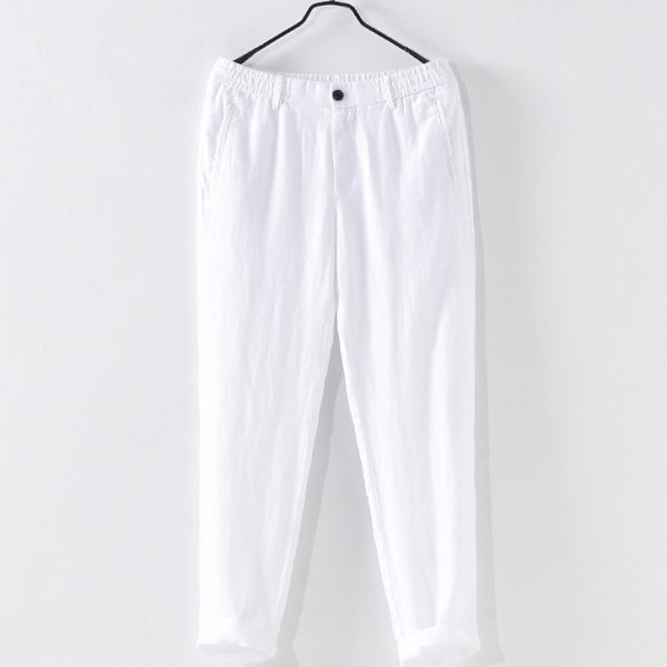 Pure Linen Elastic Waist Casual Pants With Zipper Pockets
