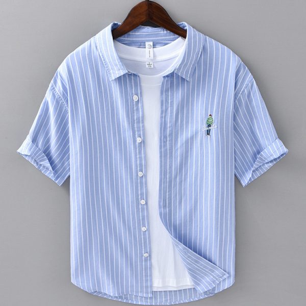 100 Cotton Striped Short Sleeve Button Up Shirt With Chest Embroidery - Image 2