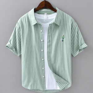 100 Cotton Striped Short Sleeve Button Up Shirt With Chest Embroidery