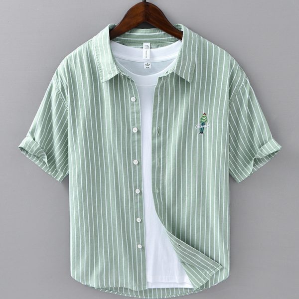 100 Cotton Striped Short Sleeve Button Up Shirt With Chest Embroidery