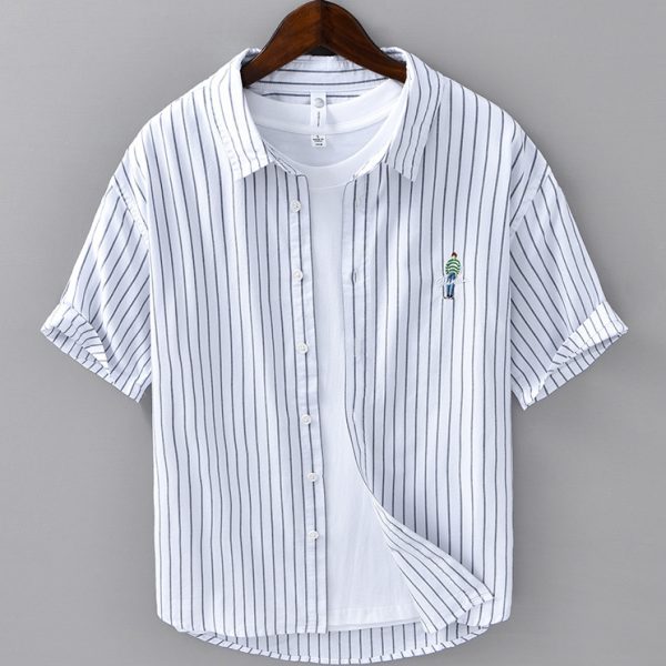 100 Cotton Striped Short Sleeve Button Up Shirt With Chest Embroidery - Image 4
