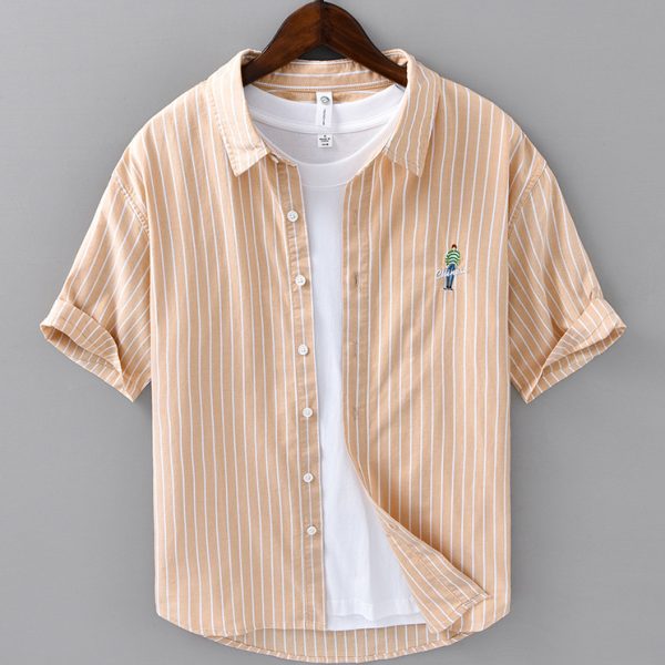 100 Cotton Striped Short Sleeve Button Up Shirt With Chest Embroidery - Image 3