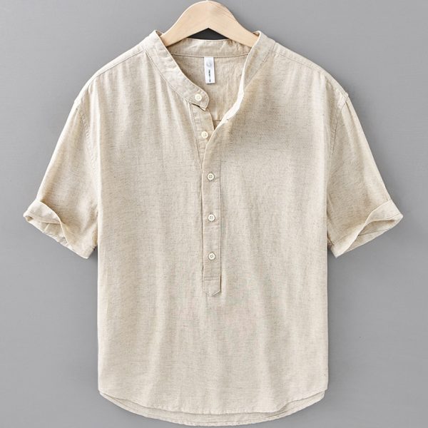 Men's Cotton Linen Short Sleeve Half Button Pullover Shirt - Image 2