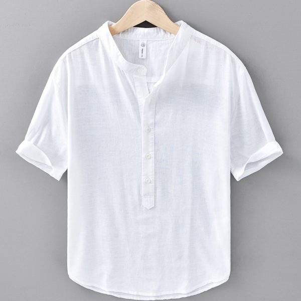 Men's Cotton Linen Short Sleeve Half Button Pullover Shirt - Image 4