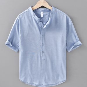 Men's Cotton Linen Short Sleeve Half Button Pullover Shirt