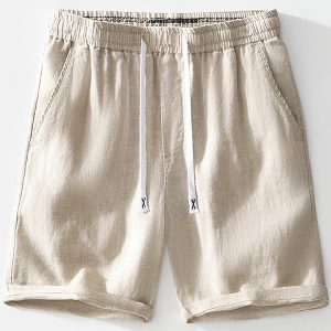 Mens 100 Percent Linen Casual Drawstring Shorts