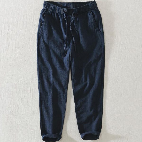 Mens Linen Blend Drawstring Straight Leg Casual Pants - Image 5
