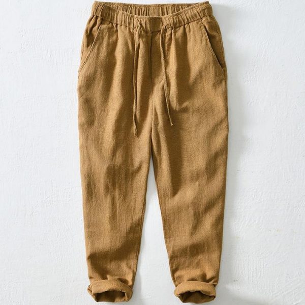Mens Linen Blend Drawstring Straight Leg Casual Pants - Image 4