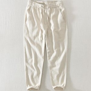 Mens Linen Blend Drawstring Straight Leg Casual Pants
