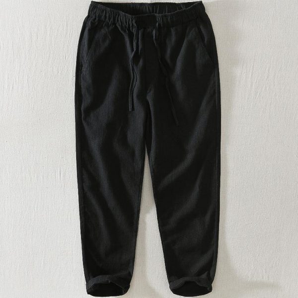 Mens Linen Blend Drawstring Straight Leg Casual Pants - Image 3