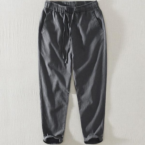 Mens Linen Blend Drawstring Straight Leg Casual Pants - Image 2