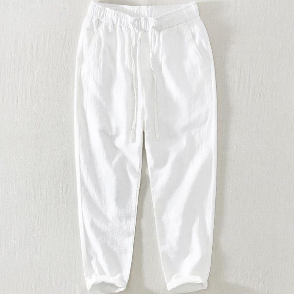 Mens Linen Blend Drawstring Straight Leg Casual Pants - Image 6