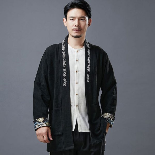Mens Vintage Embroidery Linen Kimono Cardigan - Image 2