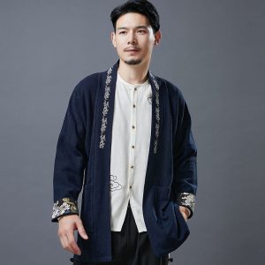 Mens Vintage Embroidery Linen Kimono Cardigan