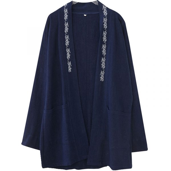 Mens Vintage Embroidery Linen Kimono Cardigan - Image 4