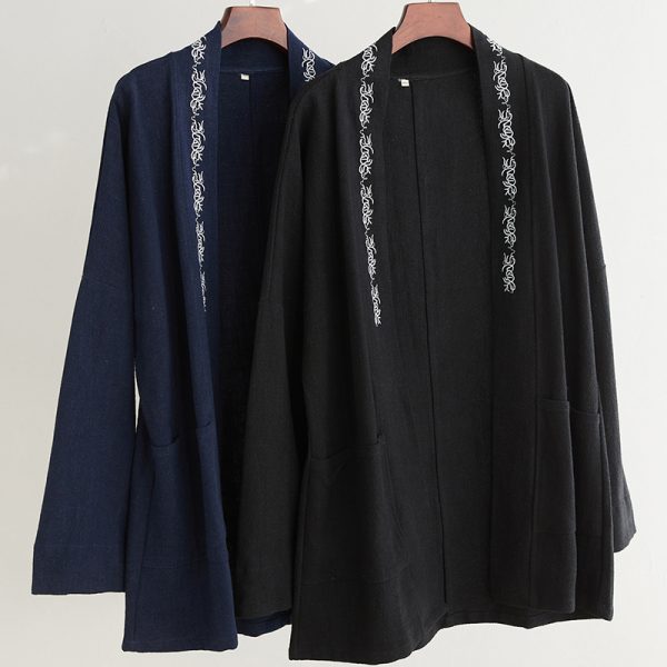 Mens Vintage Embroidery Linen Kimono Cardigan - Image 3