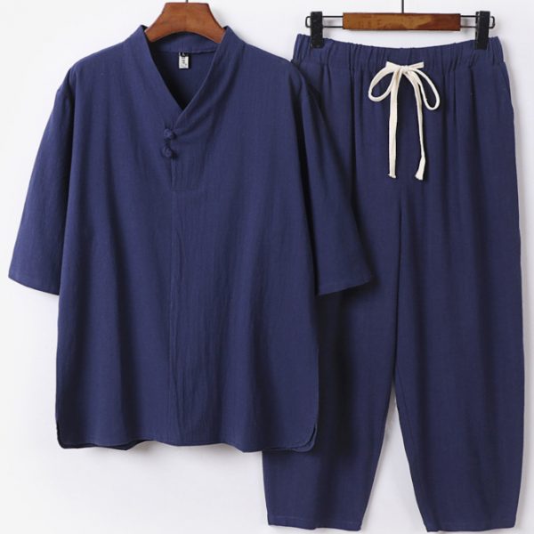 Big and Tall Male Traditional V Neck Linen Shirt and Pants Set