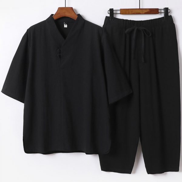 Big and Tall Male Traditional V Neck Linen Shirt and Pants Set - Image 4