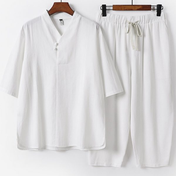 Big and Tall Male Traditional V Neck Linen Shirt and Pants Set - Image 3