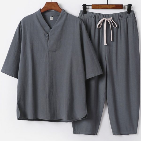 Big and Tall Male Traditional V Neck Linen Shirt and Pants Set - Image 2