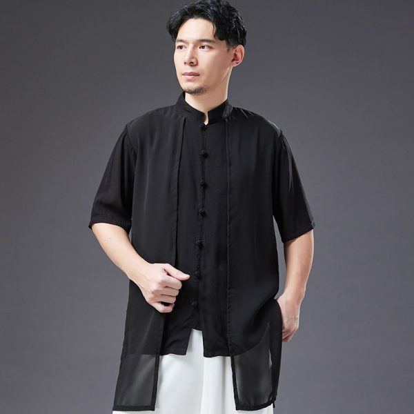 Mens Chinese Style Stand Collar Short Sleeve Chiffon Shirt - Image 2