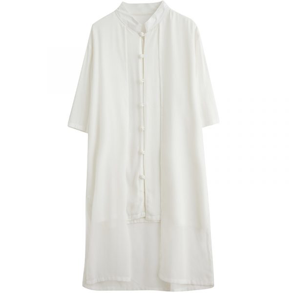 Mens Chinese Style Stand Collar Short Sleeve Chiffon Shirt - Image 4