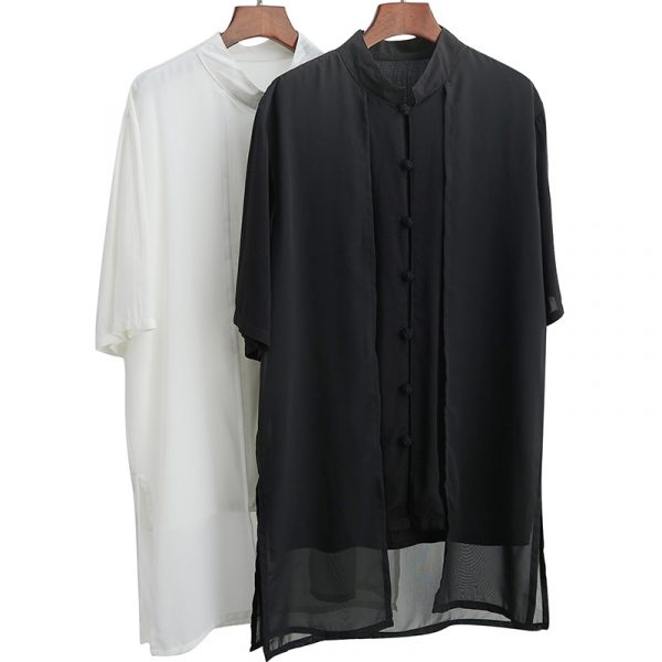 Mens Chinese Style Stand Collar Short Sleeve Chiffon Shirt - Image 3