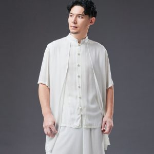 Mens Chinese Style Stand Collar Short Sleeve Chiffon Shirt