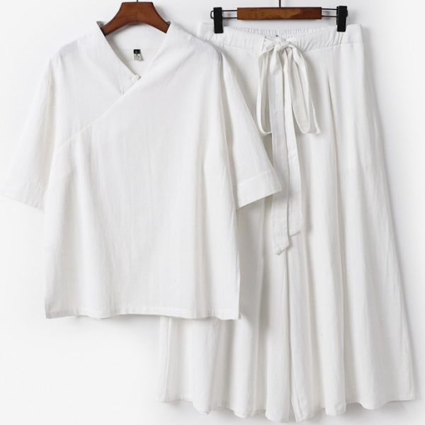 Plus Size Mens V Neck Cotton Linen Half Sleeve Shirt with Wide Leg Pants Set - Image 4