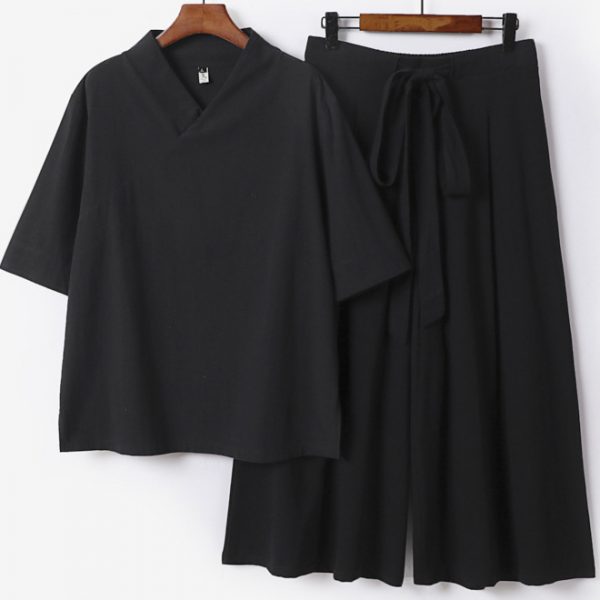 Plus Size Mens V Neck Cotton Linen Half Sleeve Shirt with Wide Leg Pants Set - Image 3
