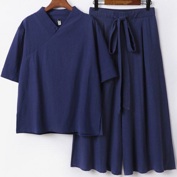 Plus Size Mens V Neck Cotton Linen Half Sleeve Shirt with Wide Leg Pants Set - Image 2