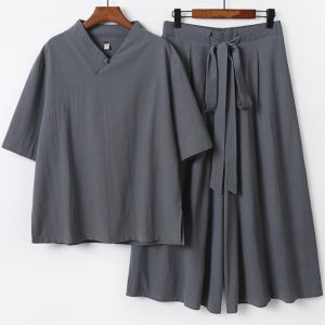 Plus Size Mens V Neck Cotton Linen Half Sleeve Shirt with Wide Leg Pants Set