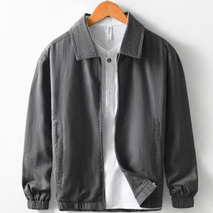 Mens Shirt Collar Zip Up Cotton Linen Jacket