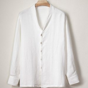 Traditional Chinese Cotton Linen Long Sleeve V Neck Shirt